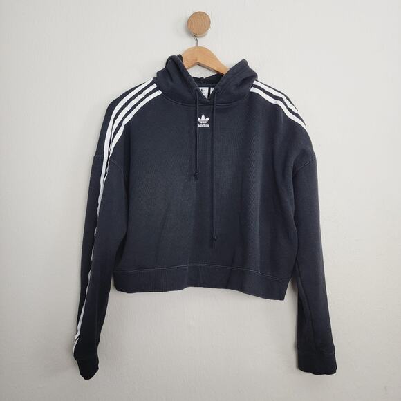 adidas Tops - Adidas Iconic 3-Stripes Cropped Fleece Hoodie Black Oversized L Cotton